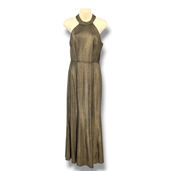 NEW Alexa B Nites Women's Gold Metallic High Neck Maxi Party Dress Size 4 - Picture 1 of 9